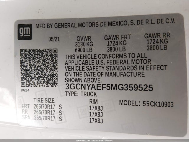 3GCNYAEF5MG359525 Chevrolet Silverado 1500 4wd Long Bed Wt