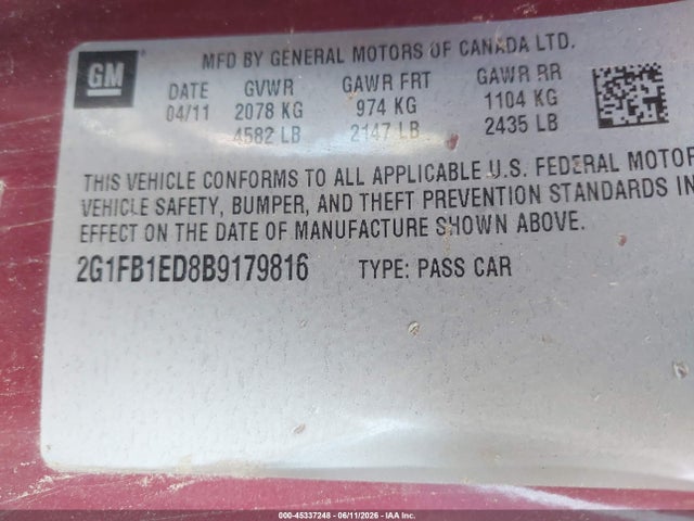 45337248 :رقم المزاد ، 2G1FB1ED8B9179816 vin ، 2011 Chevrolet Camaro 1lt مزاد بيع