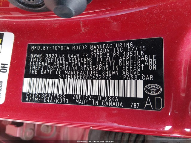 Aukcja sprzedaży 2015 Toyota Corolla S Plus, vin: 2T1BURHE6FC473272, numer aukcji: 45337251