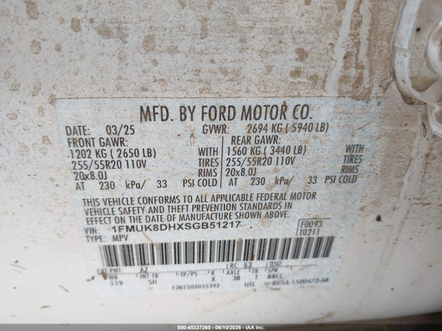 45337260 :رقم المزاد ، 1FMUK8DHXSGB51217 vin ، 2025 Ford Explorer Active مزاد بيع