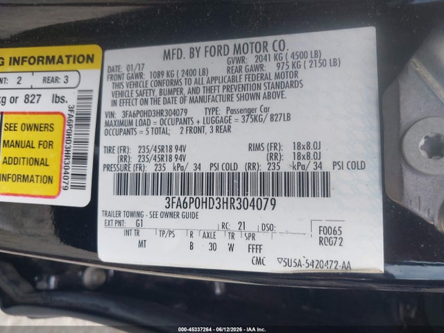Aukcja sprzedaży 2017 Ford Fusion Se, vin: 3FA6P0HD3HR304079, numer aukcji: 45337264