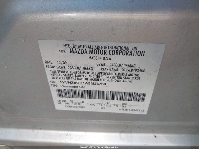 Auction sale of the 2010 Mazda Mazda6 I Touring, vin: 1YVHZ8CH1A5M26769, lot number: 45337273