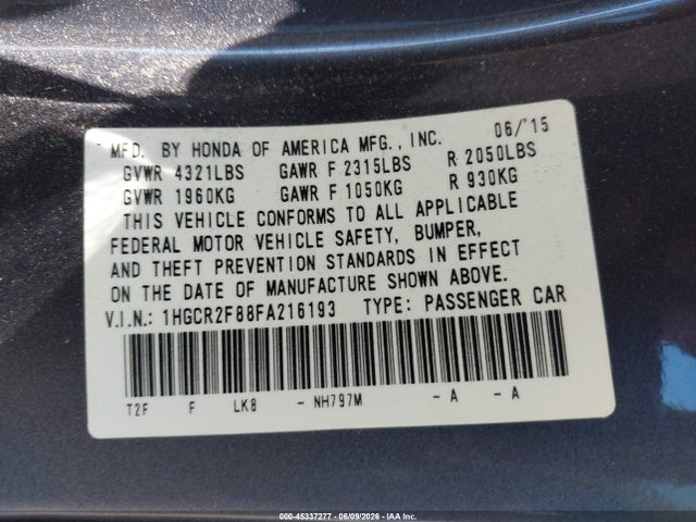 Aukcja sprzedaży 2015 Honda Accord Ex-l, vin: 1HGCR2F88FA216193, numer aukcji: 45337277