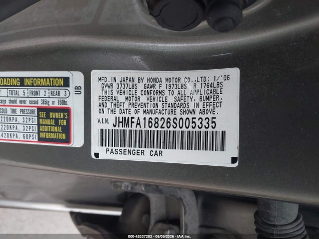 Aukcja sprzedaży 2006 Honda Civic Ex, vin: JHMFA16826S005335, numer aukcji: 45337283