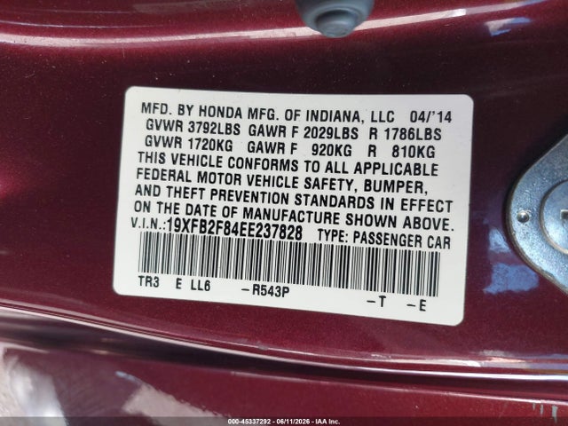 Honda CIVIC EX 2014 19XFB2F84EE237828 Image 9