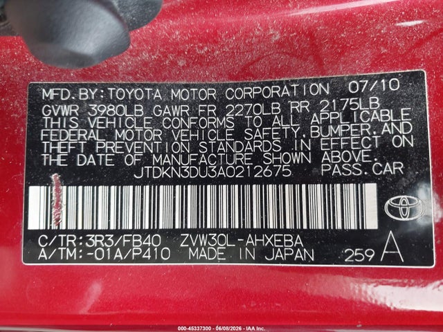 Aukcja sprzedaży 2010 Toyota Prius Iii, vin: JTDKN3DU3A0212675, numer aukcji: 45337300
