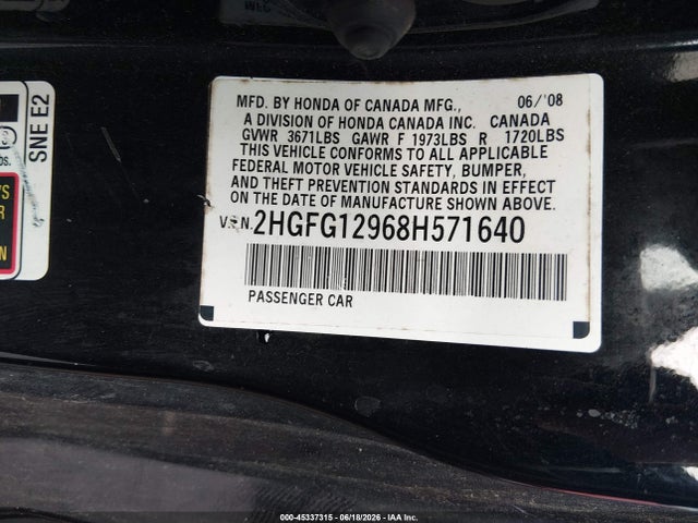 45337315 :رقم المزاد ، 2HGFG12968H571640 vin ، 2008 Honda Civic Ex-l مزاد بيع