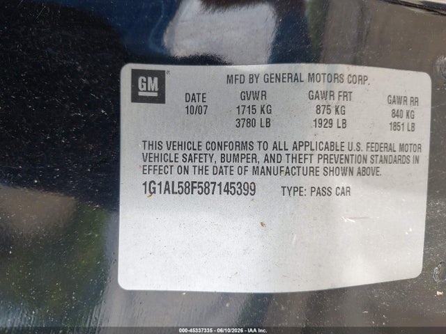 Продаж на аукціоні авто 2008 Chevrolet Cobalt Lt, vin: 1G1AL58F587145399, номер лоту: 45337335
