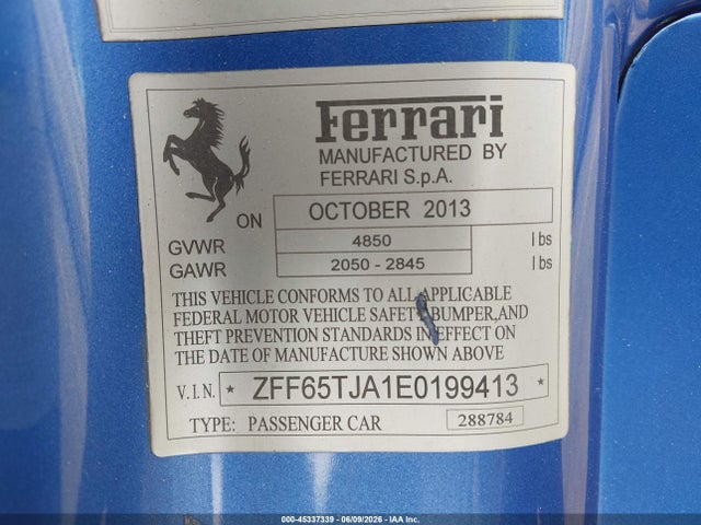 45337339 :رقم المزاد ، ZFF65TJA1E0199413 vin ، 2014 Ferrari California مزاد بيع