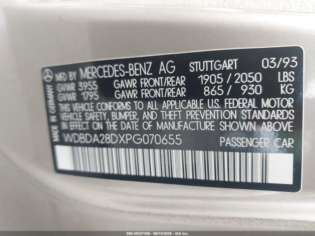 Aukcja sprzedaży 1993 Mercedes-benz 190 E 2.3, vin: WDBDA28DXPGO7O655, numer aukcji: 45337358