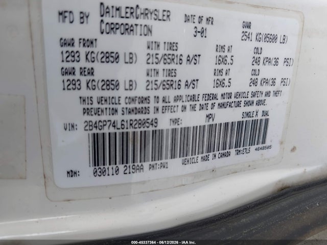 Auction sale of the 2001 Dodge Grand Caravan Ex, vin: 2B4GP74L61R280549, lot number: 45337364