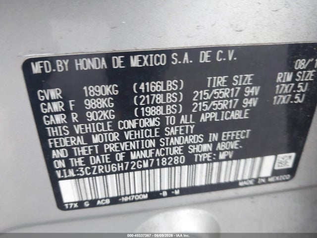Aukcja sprzedaży 2016 Honda Hr-v Ex-l, vin: 3CZRU6H72GM718280, numer aukcji: 45337367