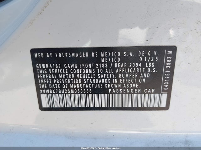 2025 Volkswagen Jetta 1.5t Sport მანქანა იყიდება აუქციონზე, vin: 3VWBX7BU2SM053888, აუქციონის ნომერი: 45337387