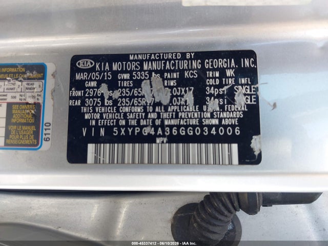 KIA Sorento 2.4l Lx 2016 5XYPG4A36GG034006 Image 9