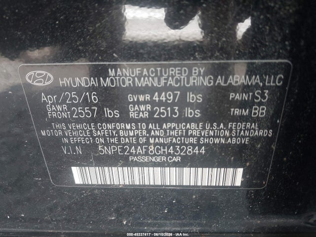 45337417 :رقم المزاد ، 5NPE24AF8GH432844 vin ، 2016 Hyundai Sonata Se مزاد بيع