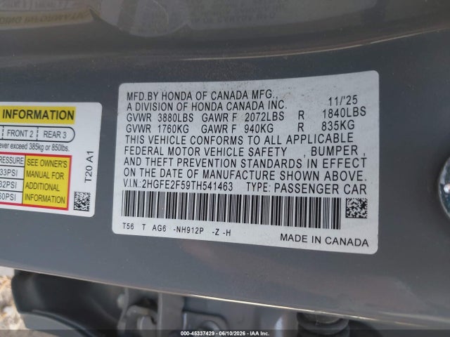2HGFE2F59TH541463 Honda Civic Sport