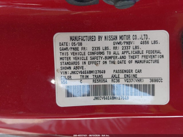 45337431 :رقم المزاد ، JNKCV64E48M127649 vin ، 2008 Infiniti G37 Journey مزاد بيع