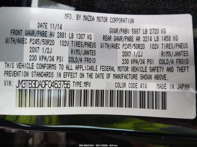 45337441 :رقم المزاد ، JM3TB3DA0F0453756 vin ، 2015 Mazda Cx-9 Grand Touring مزاد بيع