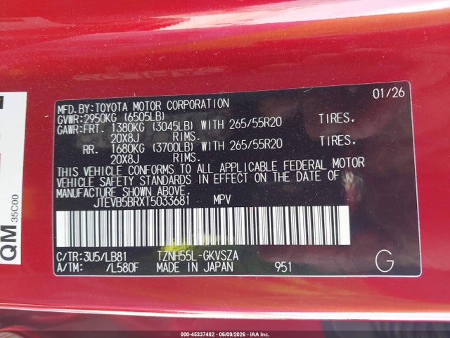 Aukcja sprzedaży 2026 Toyota 4runner Hybrid Platinum, vin: JTEVB5BRXT5033681, numer aukcji: 45337482