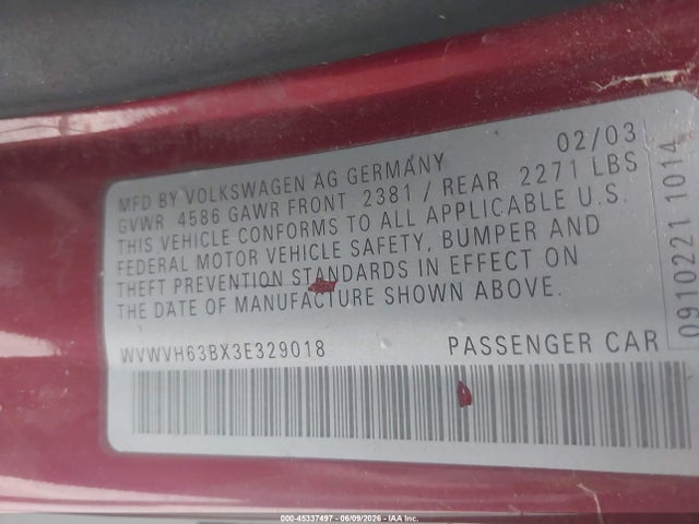 Aukcja sprzedaży 2003 Volkswagen Passat Gls V6, vin: WVWVH63BX3E329018, numer aukcji: 45337497