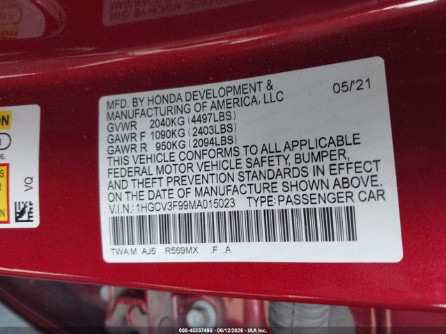 1HGCV3F99MA015023 Honda Accord Hybrid Touring