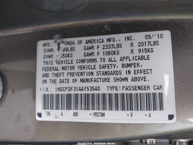 Продажа на аукционе авто 2010 Honda Accord 2.4 Lx, vin: 1HGCP2F31AA153540, номер лота: 45337510