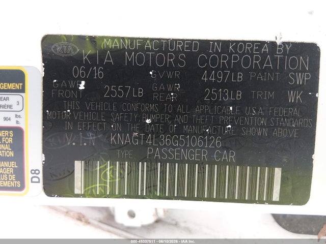 KNAGT4L36G5106126 KIA Optima Lx
