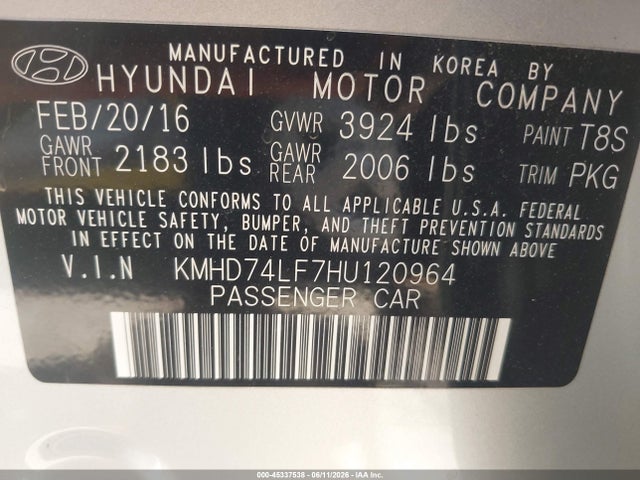 KMHD74LF7HU120964 Hyundai ELANTRA SE