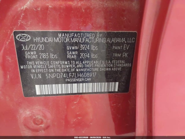 5NPD74LF7LH608917 Hyundai ELANTRA SE