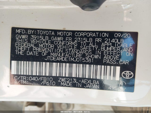 JTDEAMDE1MJ015381 Toyota Corolla Hybrid Le