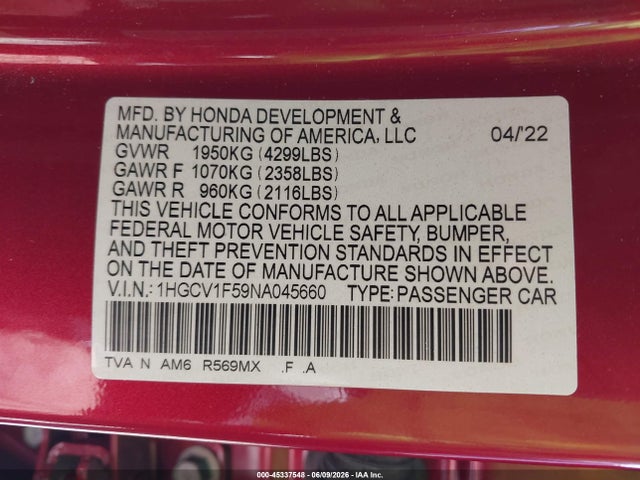Honda Accord Ex-l 2022 1HGCV1F59NA045660 Image 9