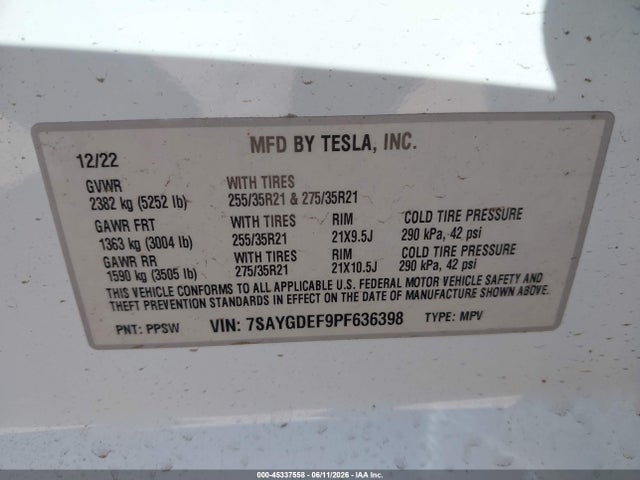 45337558 :رقم المزاد ، 7SAYGDEF9PF636398 vin ، 2023 Tesla Model Y Performance Dual Motor All-wheel Drive مزاد بيع