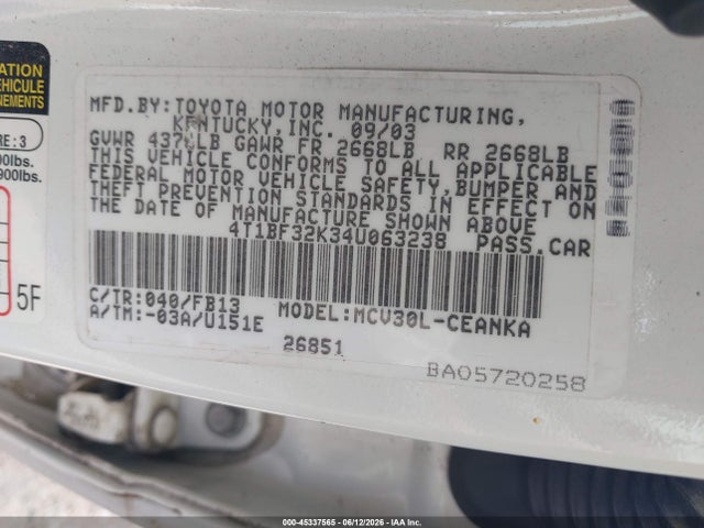 Продаж на аукціоні авто 2004 Toyota Camry Le V6, vin: 4T1BF32K34U063238, номер лоту: 45337565