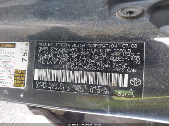 45337574 :رقم المزاد ، JTDKB20U483453937 vin ، 2008 Toyota Prius مزاد بيع