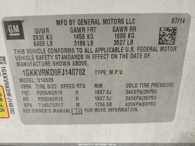 2015 Gmc Acadia Slt-1 მანქანა იყიდება აუქციონზე, vin: 1GKKVRKD9FJ140702, აუქციონის ნომერი: 45337575