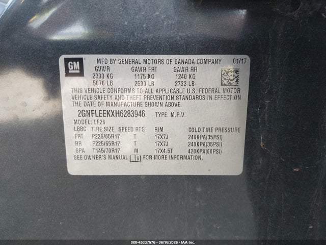 45337576 :رقم المزاد ، 2GNFLEEKXH6283946 vin ، 2017 Chevrolet Equinox Ls مزاد بيع