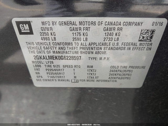 Aukcja sprzedaży 2016 Gmc Terrain Sle-1, vin: 2GKALMEK0G6228597, numer aukcji: 45337583