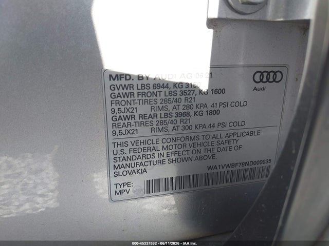 WA1VWBF78ND000035 Audi Sq7 Prestige Tfsi Quattro Tiptronic