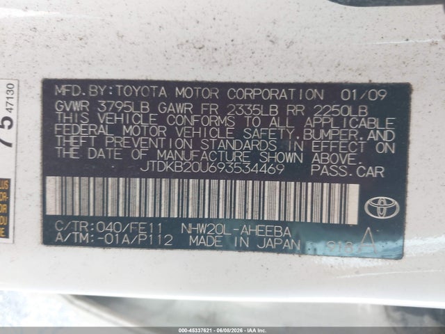 45337621 :رقم المزاد ، JTDKB20U693534469 vin ، 2009 Toyota Prius مزاد بيع