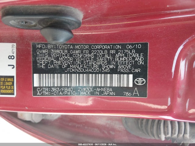 Aukcja sprzedaży 2010 Toyota Prius Ii, vin: JTDKN3DU4A0201345, numer aukcji: 45337630