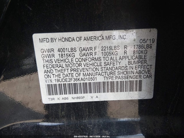 45337635 :رقم المزاد ، 19UDE2F36KA010501 vin ، 2019 Acura Ilx Standard مزاد بيع