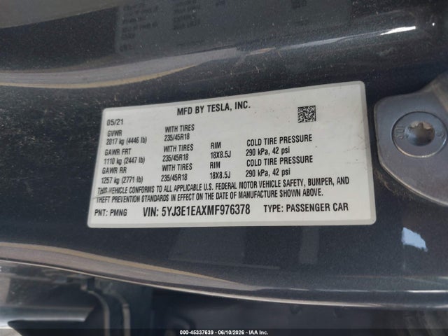 Aukcja sprzedaży 2021 Tesla Model 3 Standard Range Plus Rear-wheel Drive, vin: 5YJ3E1EAXMF976378, numer aukcji: 45337639