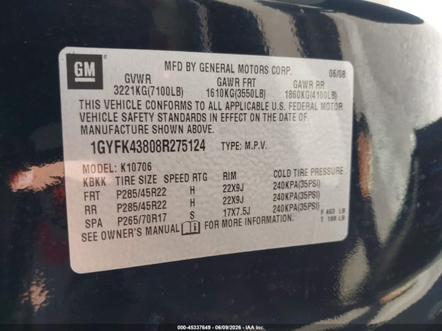 Aukcja sprzedaży 2008 Cadillac Escalade Standard, vin: 1GYFK43808R275124, numer aukcji: 45337649