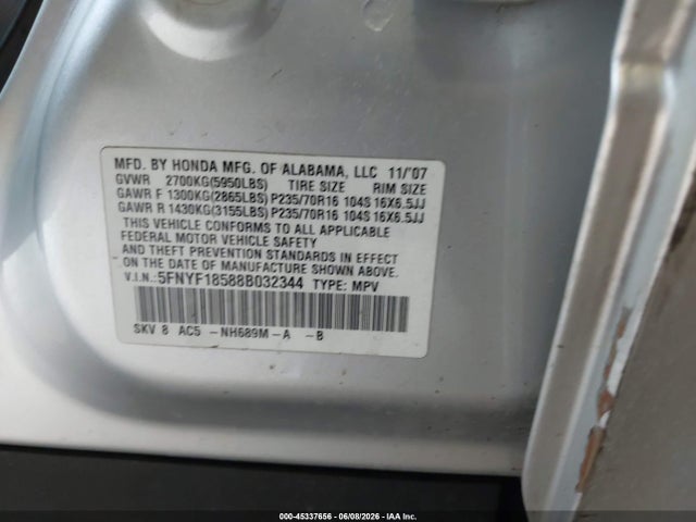 Продажа на аукционе авто 2008 Honda Pilot Ex-l, vin: 5FNYF18588B032344, номер лота: 45337656