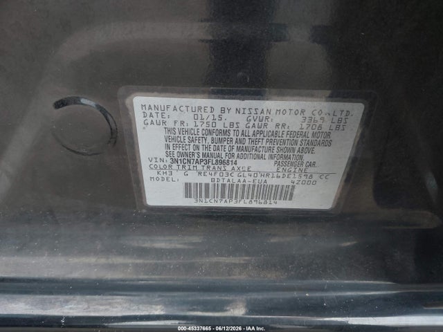2015 Nissan Versa 1.6 S/1.6 S+/1.6 Sl/1.6 Sv მანქანა იყიდება აუქციონზე, vin: 3N1CN7AP3FL896814, აუქციონის ნომერი: 45337665