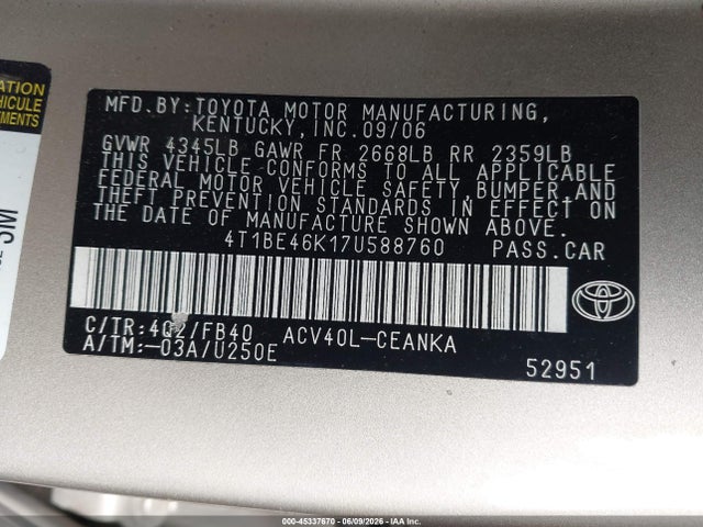 45337670 :رقم المزاد ، 4T1BE46K17U588760 vin ، 2007 Toyota Camry Le مزاد بيع