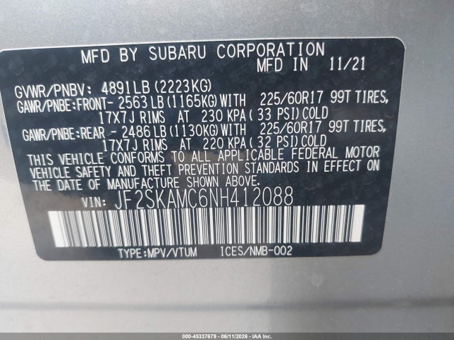 2022 Subaru Forester Wilderness მანქანა იყიდება აუქციონზე, vin: JF2SKAMC6NH412088, აუქციონის ნომერი: 45337679