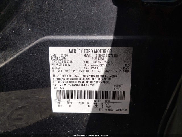 Aukcja sprzedaży 2020 Ford Edge Titanium, vin: 2FMPK3K96LBA76732, numer aukcji: 45337686