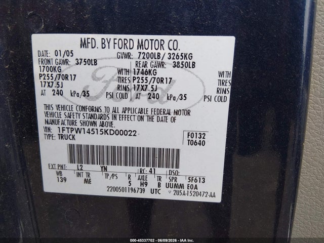 Aukcja sprzedaży 2005 Ford F-150 Fx4/lariat/xlt, vin: 1FTPW14515KD00022, numer aukcji: 45337702