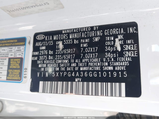 KIA Sorento 2.4l Lx 2016 5XYPG4A36GG101915 Image 9